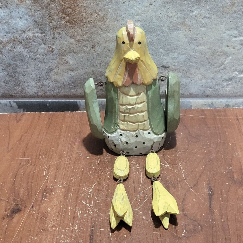 Hand Carved Wooden Rooster Figurine Shelf Sitter